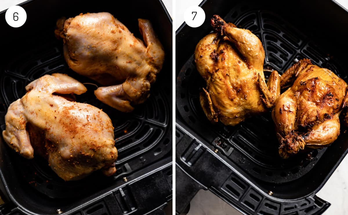 Images showing how to cook Cornish hen in air fryer from the top view. 