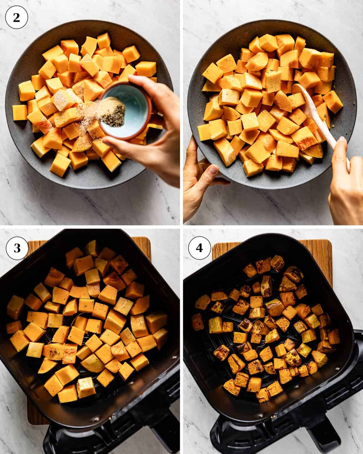 The steps to making butternut squash in air fryer are laid out in a collage of photos.
