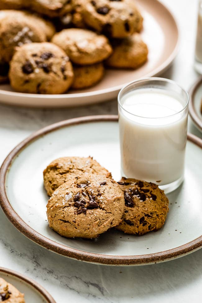 Flourless Almond Butter Chocolate Chip Cookies served with milk on the side