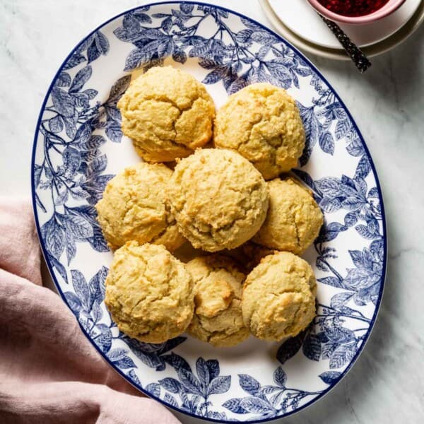 almond flour biscuits on a plate served with jam on the side