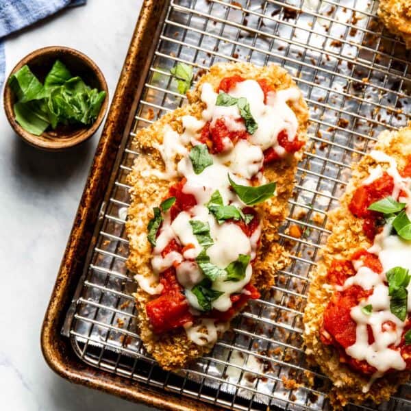 Baked Chicken Parmesan with Panko on a wire rack