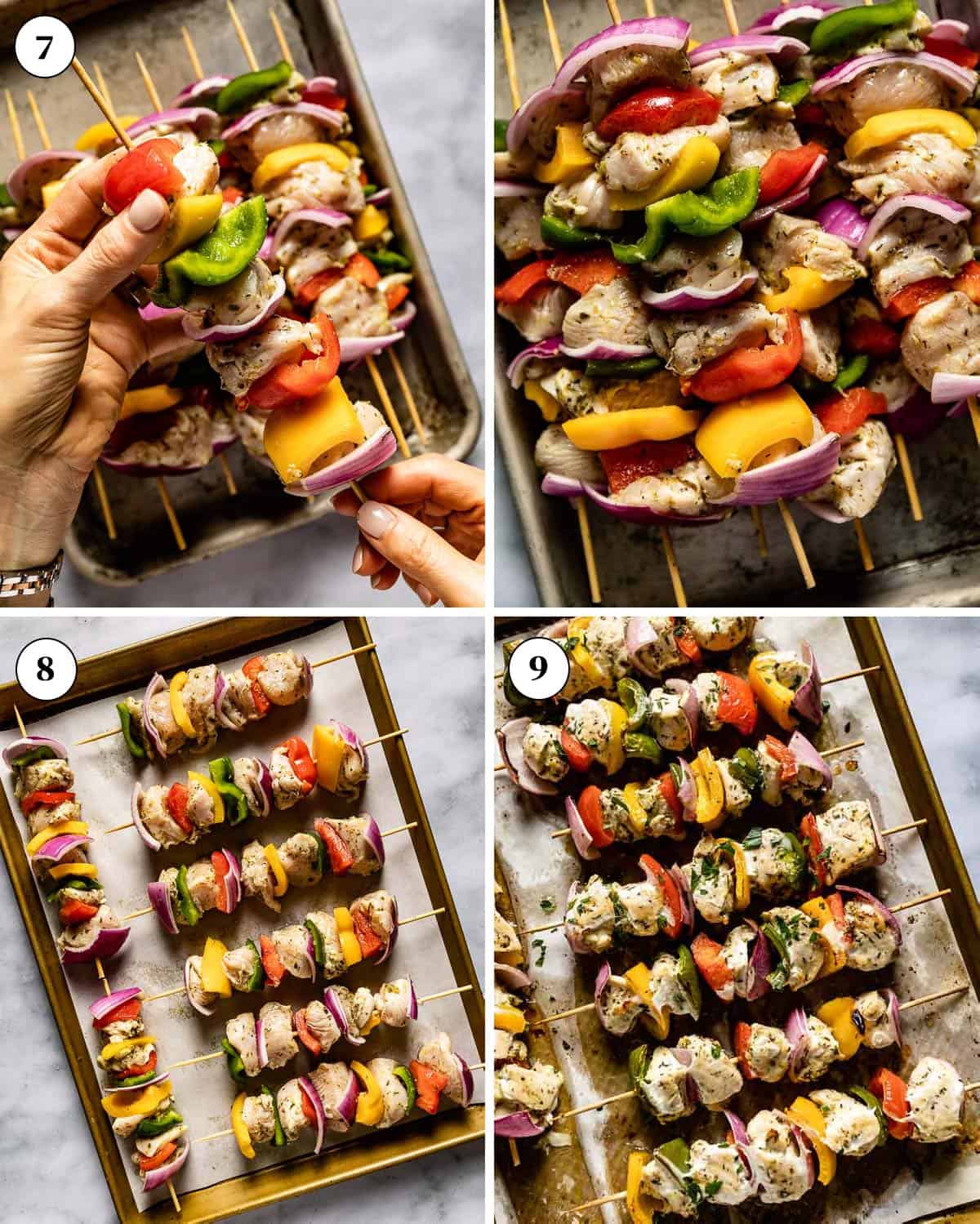 A collage of images showing how to make skewered chicken in oven.