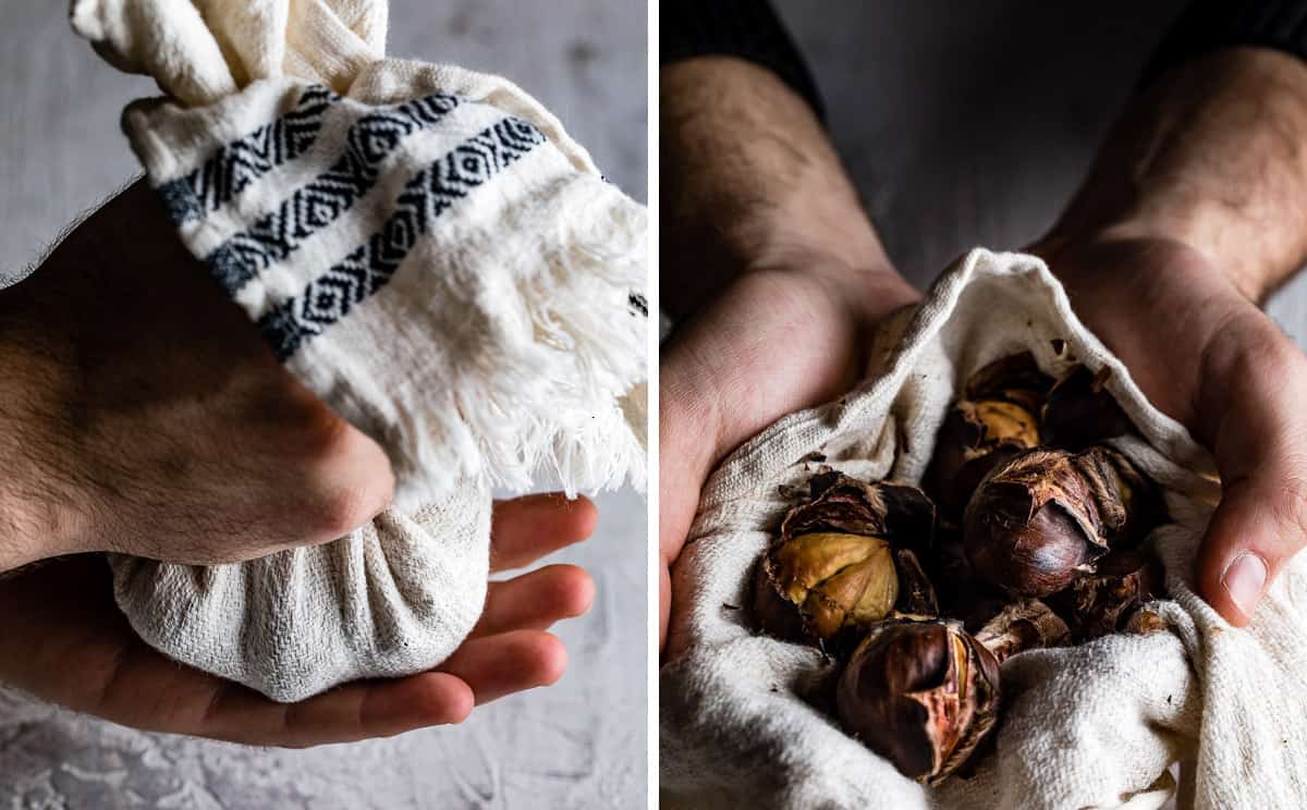 Person placing chestnuts in a kitchen towel and letting them cool before peeling