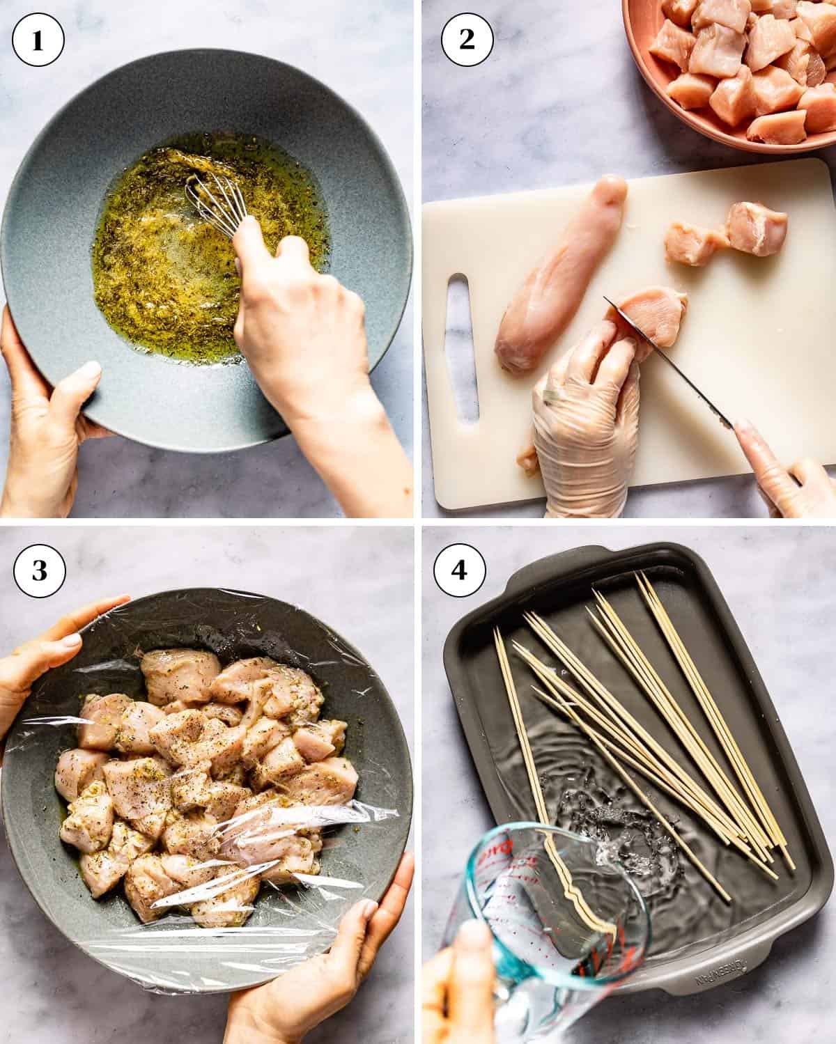 A collage of images showing how to bake chicken kabobs in oven.