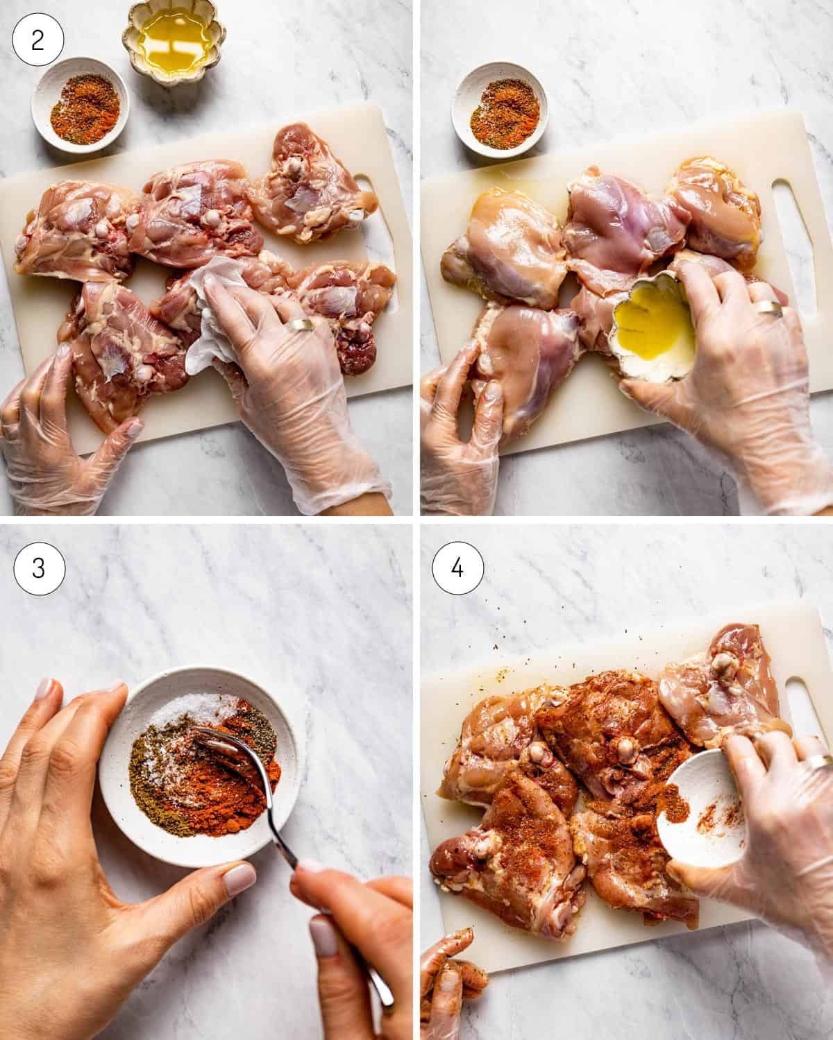 A person showing how to oil and season chicken thighs from the top view.