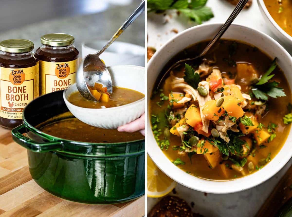 A collage of photos showing the squash chicken soup in a bowl and while it is being poured.