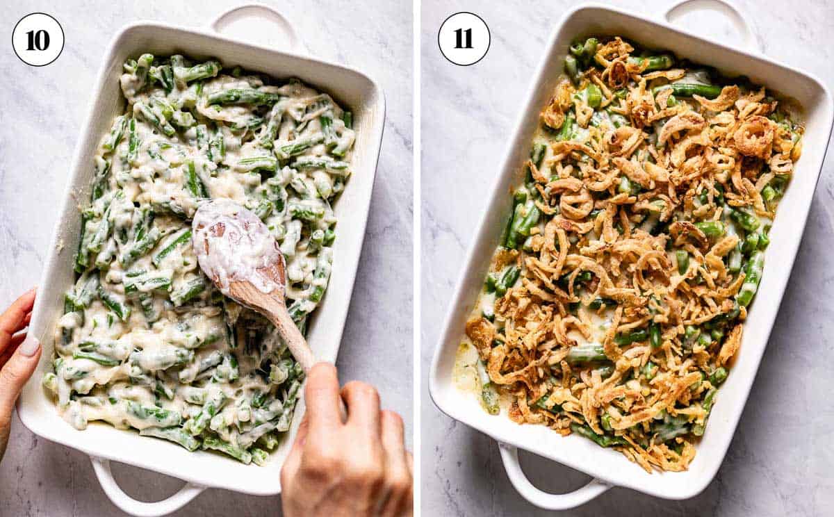 Person preparing green bean casserole for baking with and without crispy fried onions on top.