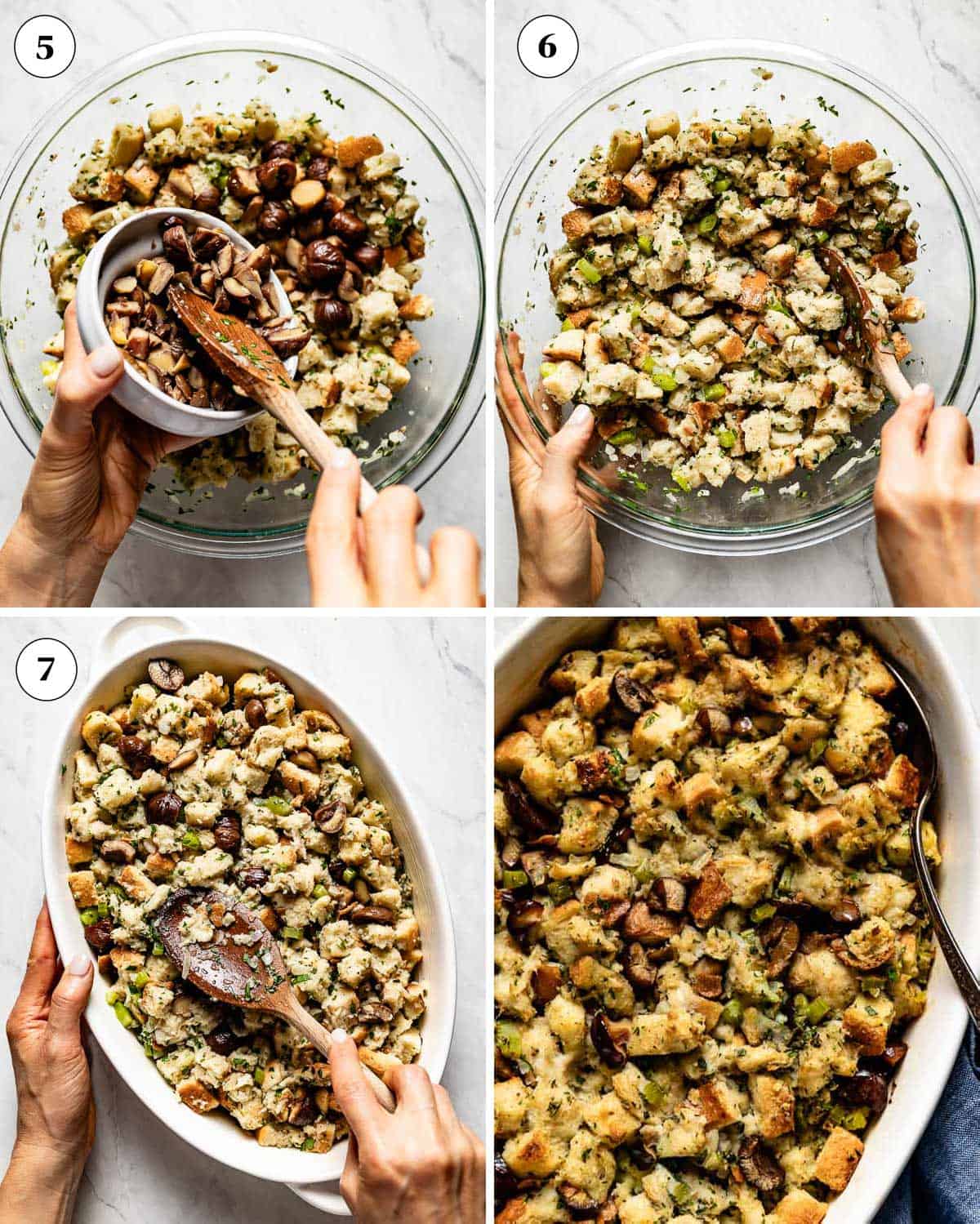 Step by step images showing how to make chestnut dressing for turkey.