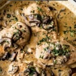 Chicken Fricassee in a skillet with text over the image