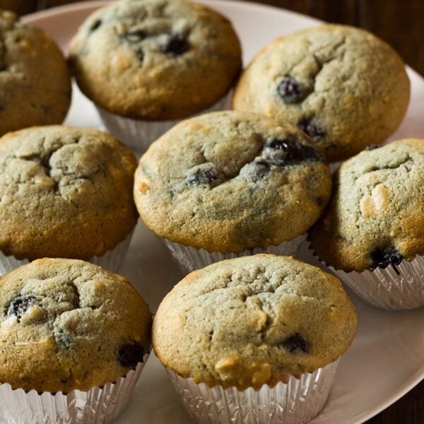 Coconut and Blueberry Muffins on a platter