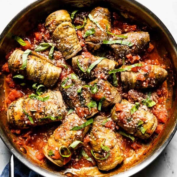 eggplant involtini in a skillet from the top view