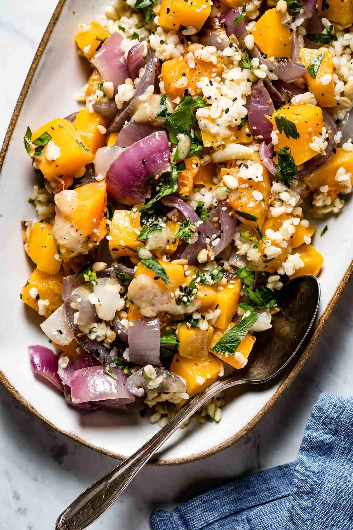Butternut squash bulgur salad from the front view.