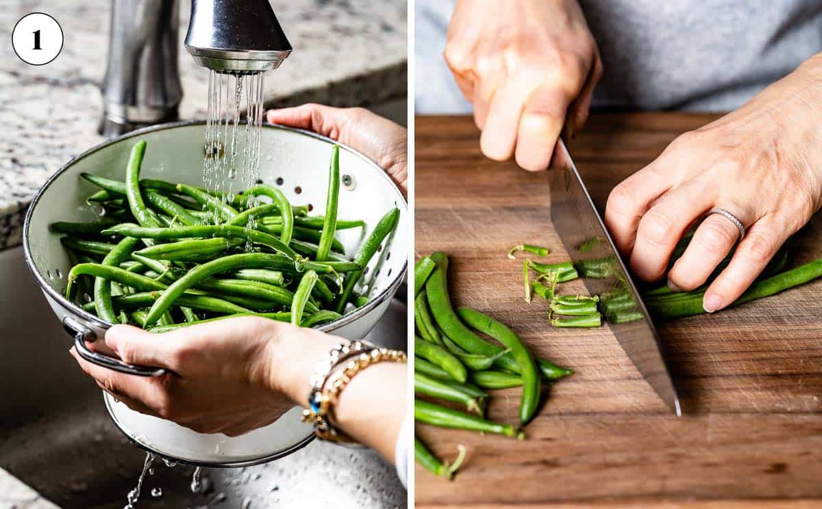 Person washing and trimming green beans.