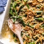 Green bean casserole recipe made without mushrooms in a 9 X 13 casserole dish.