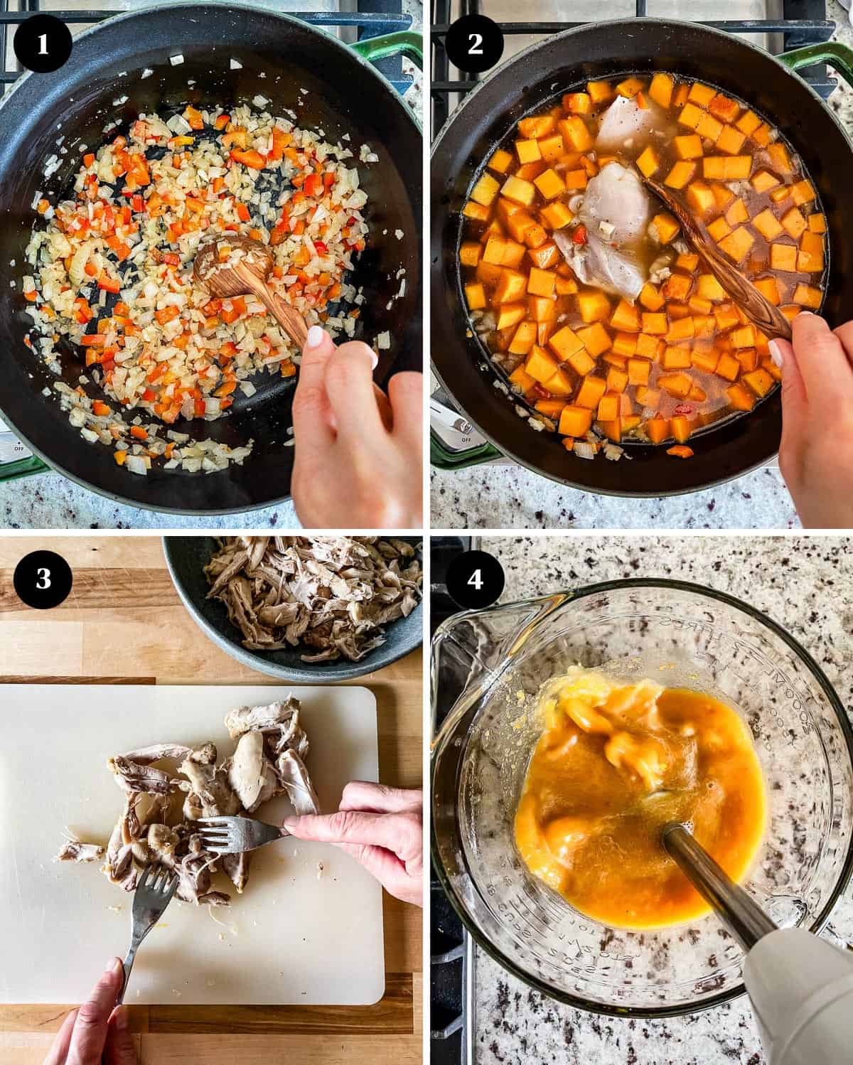 A collage of images showing how to make chicken and squash soup.