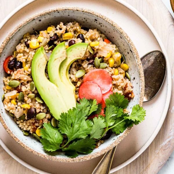 A bowl of Instant Pot Mexican Quinoa garnished with avocados, cilantro, and radishes.