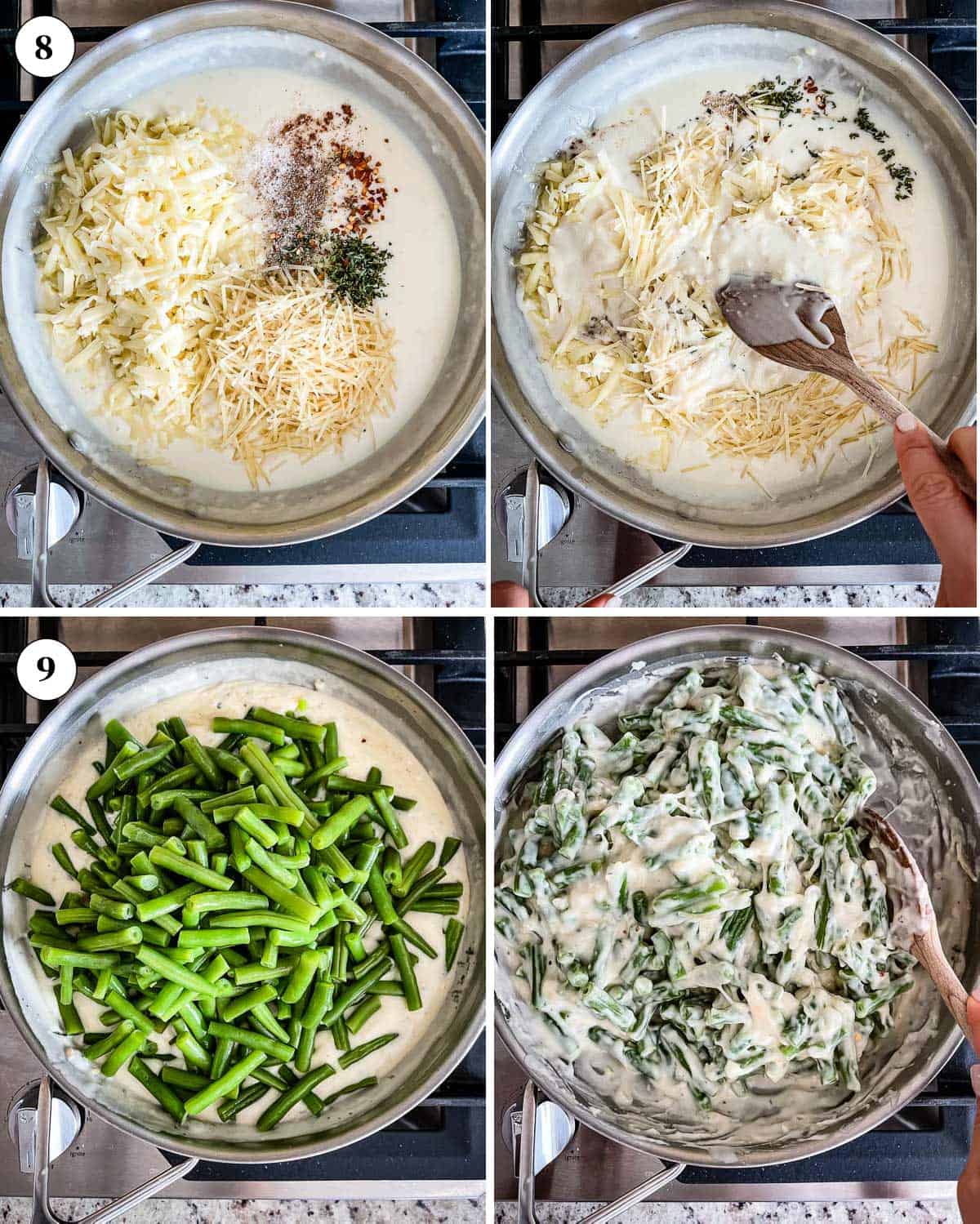 Step by step images showing how to mix the sauce with green beans to make no mushroom string bean casserole recipe.
