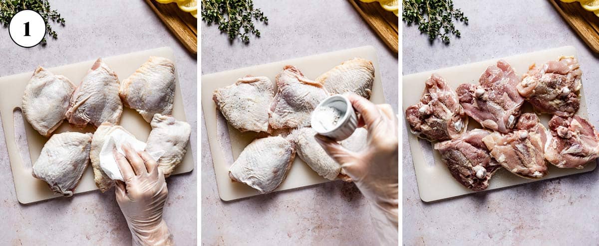 Person showing how to season chicken thighs in a collage of photos.