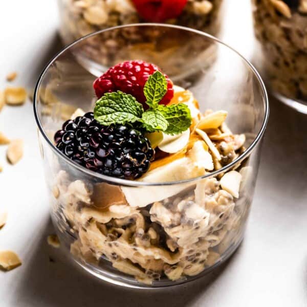 Overnight muesli in a glass topped off with fruit