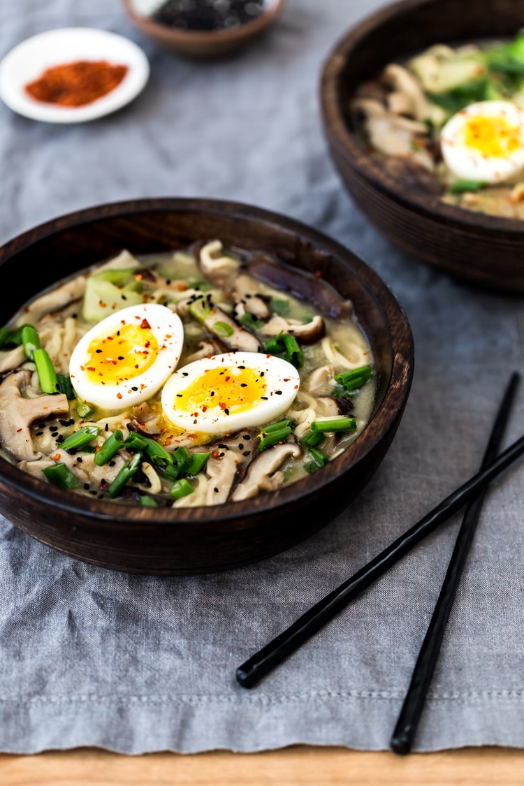 Learn how to make Vegetarian Ramen - A bowl of Weeknight Vegetarian Ramen Bowl with Shiitake Mushrooms and Bok Choy is photographed from the front view - close up.