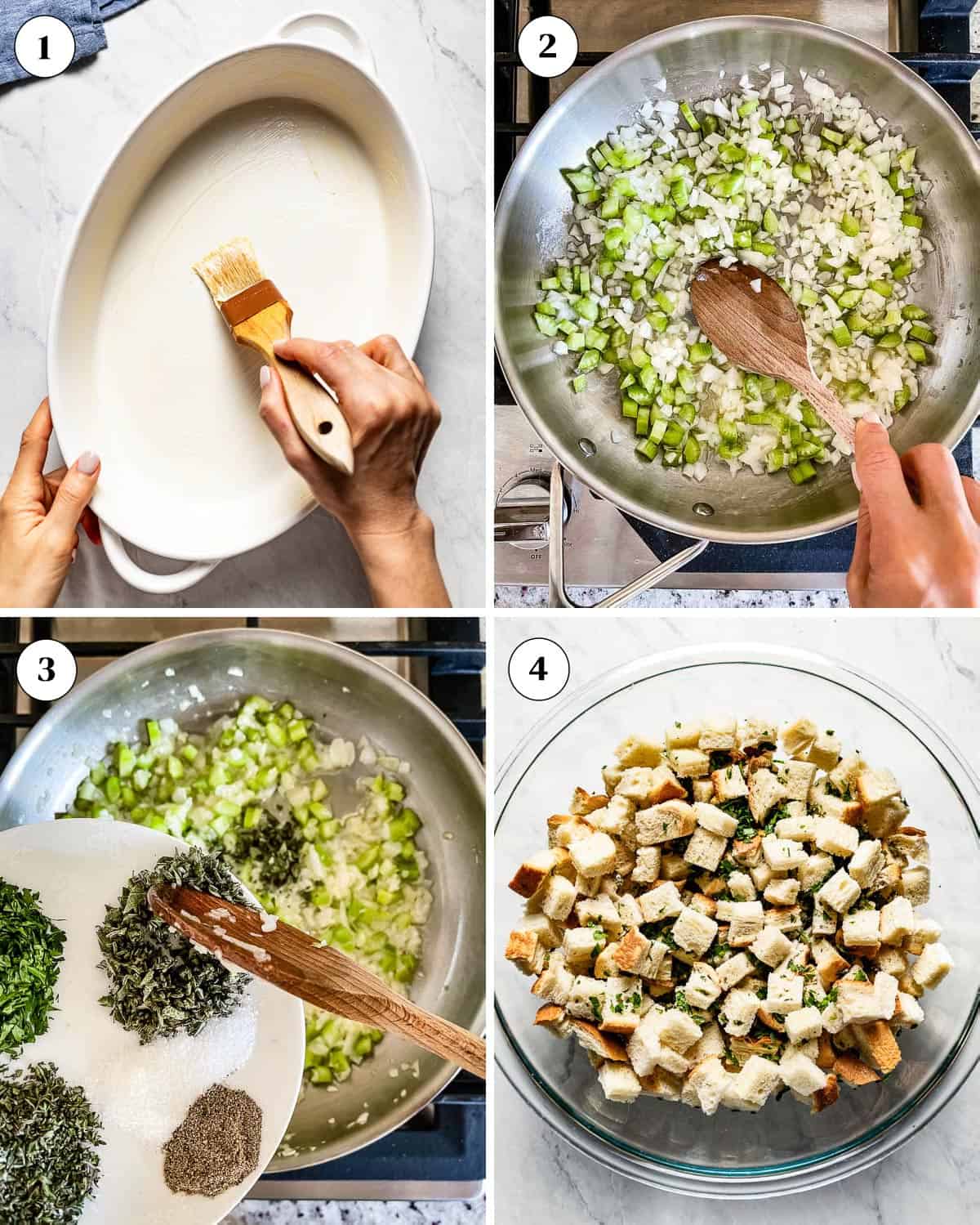 A collage of images showing how to make stuffing with chestnuts.