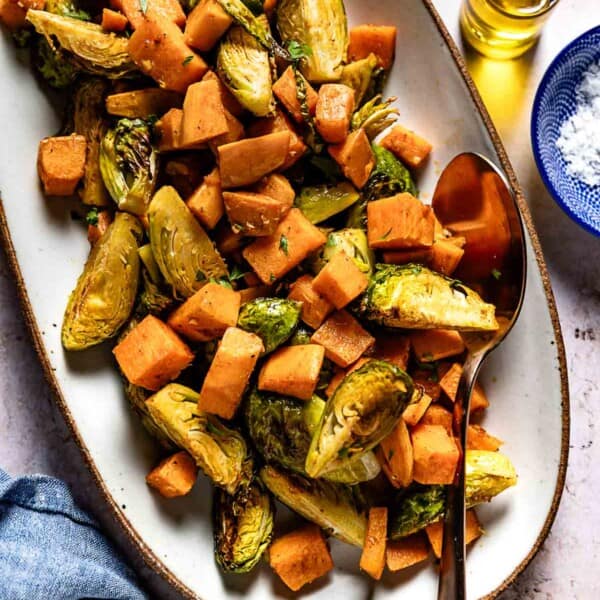 roasted brussel sprouts and sweet potatoes