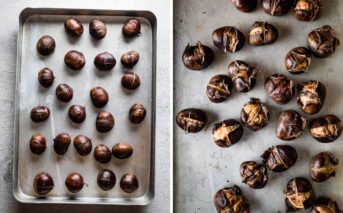 roasted chestnuts before and after on a sheet pan