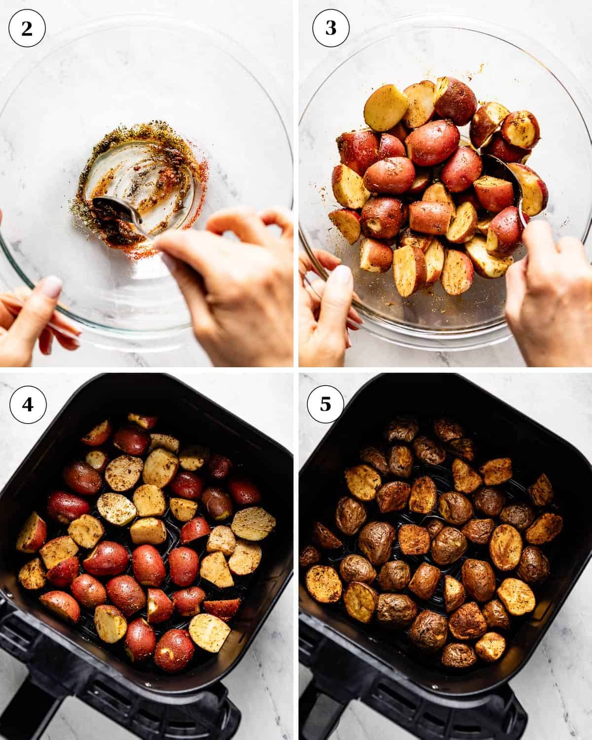 A collage of images showing how to season new potatoes and cook them in the air fryer.