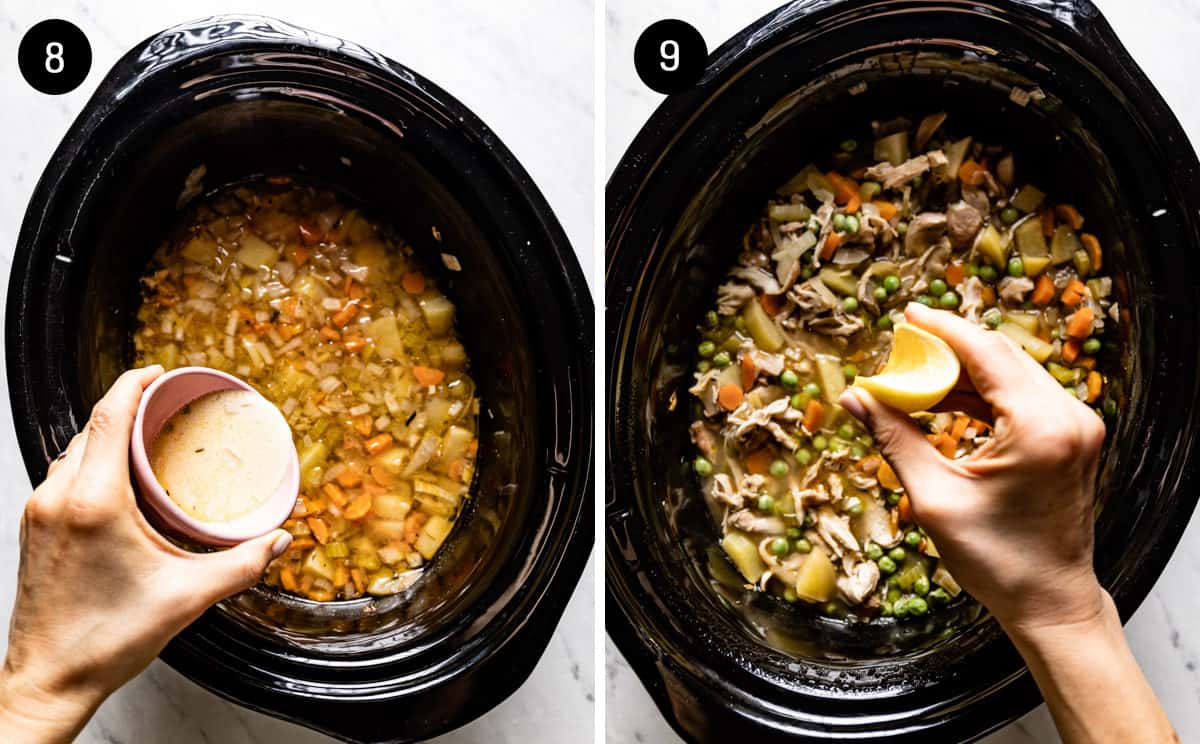 A collage of two photos showing how to add cornstarch and lemon juice into the soup.