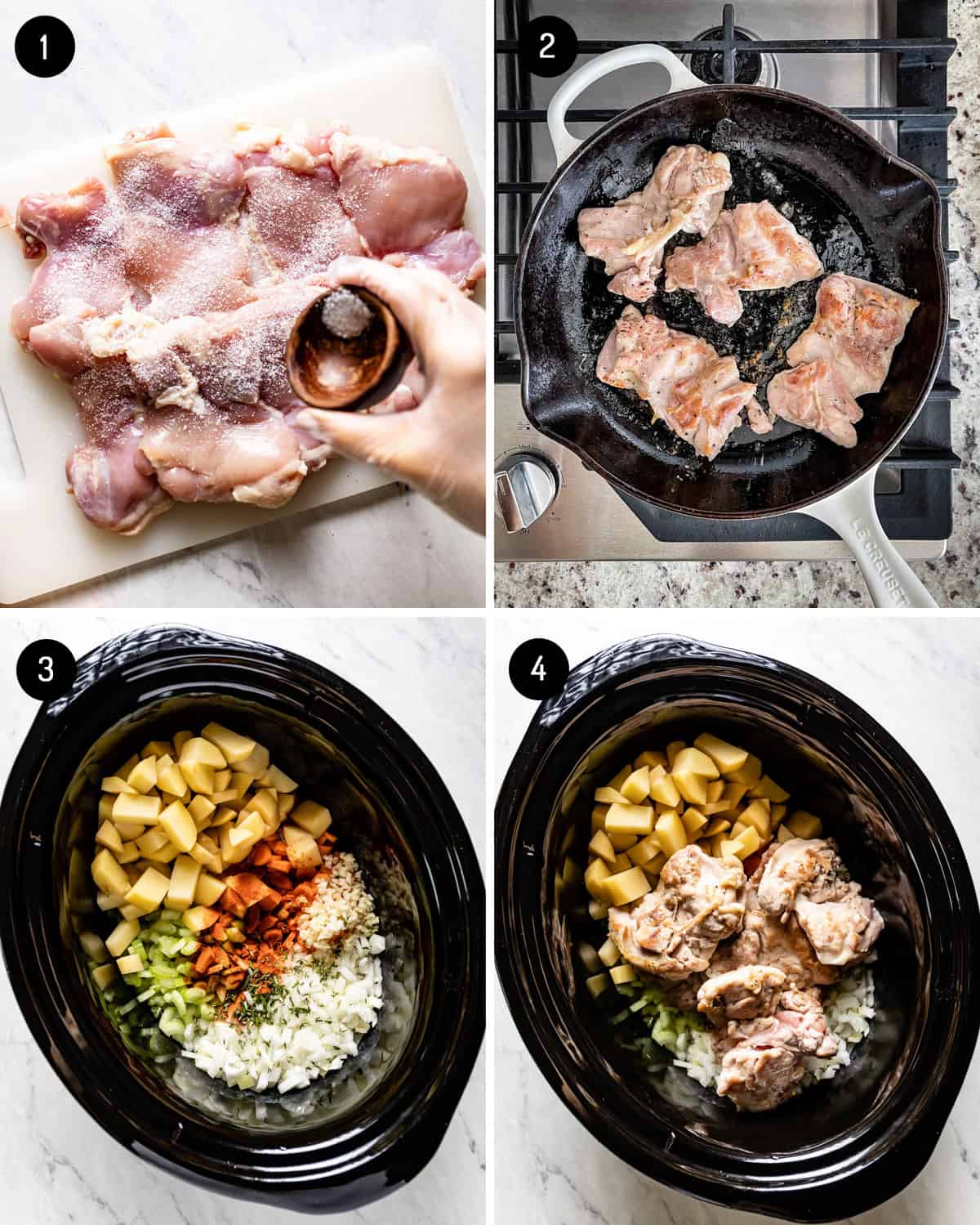 A collage of images showing how to make creamy chicken crock pot soup.