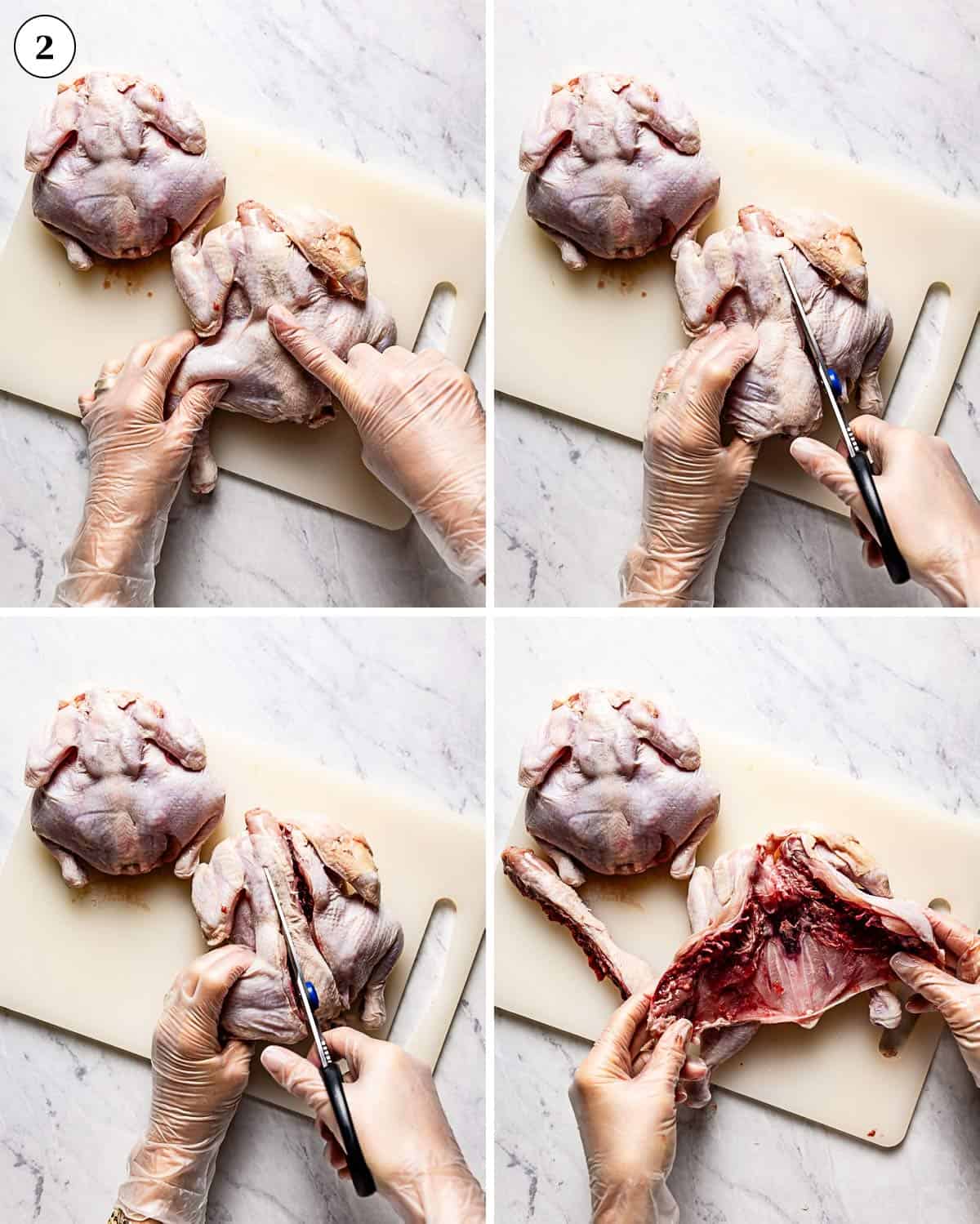 A collage of images showing how to spatchcock a Cornish hen before grilling.