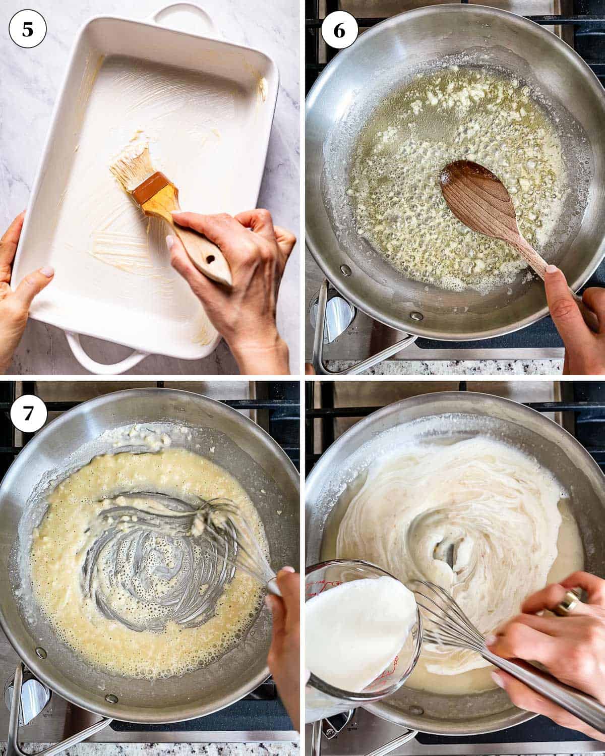 A collage of images showing how to make the sauce for green bean casserole without mushroom soup.