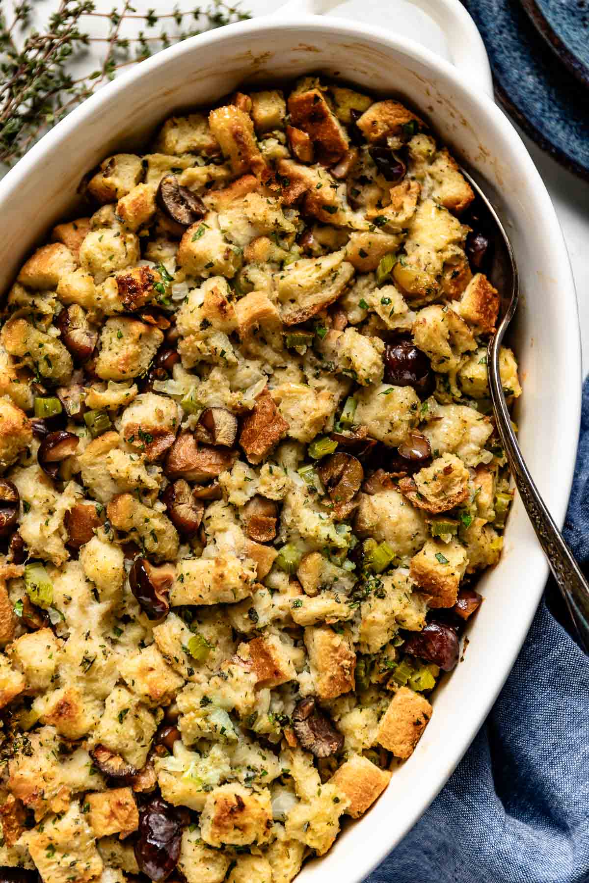 Chestnut stuffing in a casserole dish from the top view.
