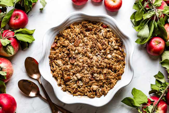 Non Dairy Apple Crisp recipe fresh out of the oven in a pie plate